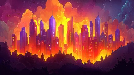 Poster - A vibrant city skyline at sunset with dramatic orange and purple hues illuminating skyscrapers.