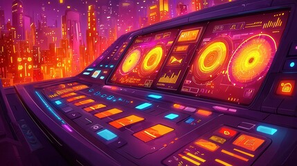 Poster - Futuristic digital control panel with bright colors in a cyberpunk cityscape.