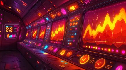 Poster - A vibrant futuristic control room with colorful screens displaying data and graphs.