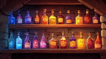 Poster - Colorful display of various liquor bottles arranged on a wooden shelf.