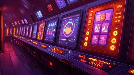 Poster - Futuristic control room with colorful screens and high-tech interface in a sci-fi setting.
