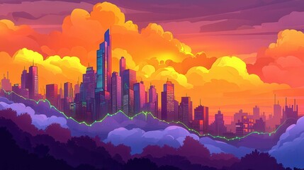 Poster - A vibrant city skyline at sunset with colorful clouds and a mountainous landscape in the foreground.