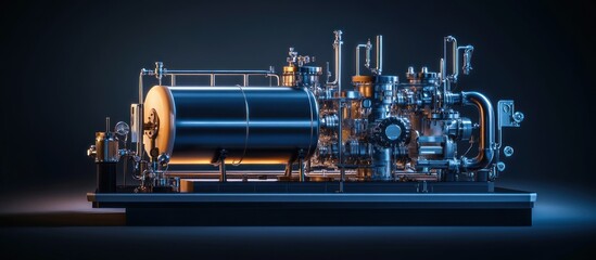 Sticker - Industrial machinery system with pipes, valves, and a cylindrical tank on a dark background.