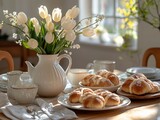 Easter Brunch Table with Pastries and White Flowers
