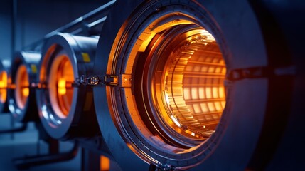 Wall Mural - Close-up of glowing industrial furnace, showing intricate internal components and intense heat.