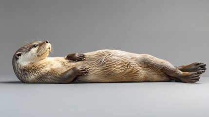 relaxed otter lying on its back on a gray background.