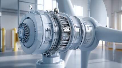 Wall Mural - Close-up of a detailed wind turbine gearbox, showcasing intricate internal mechanics and engineering.