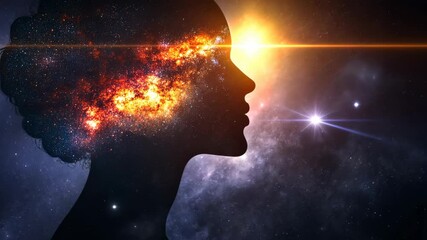 Wall Mural - Cosmic mind silhouette with galaxy explosion and radiant sun shining in the background