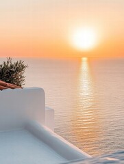 Poster - Sunset over the sea viewed from a terrace with white walls and greenery in a tranquil coastal setting. Generative AI