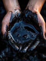 Aufkleber - Close up of hands gripping black crude oil showing texture and sheen in natural light. Generative AI