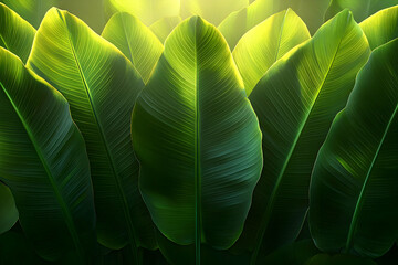 Wall Mural - Lush Green Tropical Leaves Illuminated by Sunlight