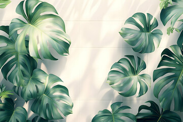 Wall Mural - Lush Green Monstera Leaves on White Background