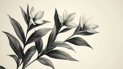 Wall Mural - Intricate Monochrome Botanical Illustration Showcasing Detailed Leaves and Flowers in a Stunning Artistic Display of Nature's Elegance and Beauty