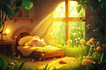Poster - Cozy mouse peacefully sleeping in a sunlit room surrounded by nature and glowing mushrooms. Generative AI