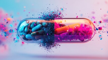 Aufkleber - Colorful particles spill from a split capsule showcasing vibrant hues and dynamic textures in a bright setting. Generative AI
