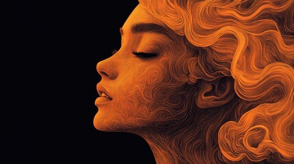 Wall Mural - Artistic rendering of a serene face with intricate swirling lines in vibrant orange, illustrating calm and beauty, representing the fusion of imagination and digital art in a mesmerizing portrait