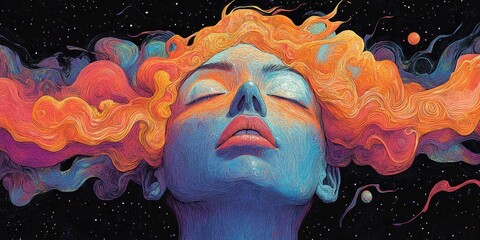 Canvas Print - Vibrant Abstract Artwork of a Woman with Colorful Flowing Hair and a Celestial Background in a Surreal Cosmic Environment Depicting Dream-Like States of Consciousness and Creativity