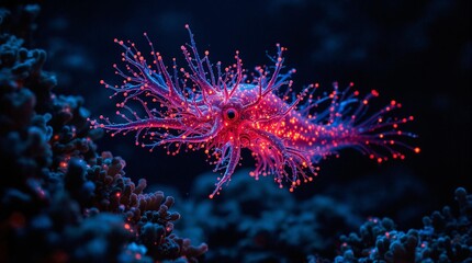 Aufkleber - microscopic view of a spider's silk, with red and blue lights highlighting its intricate structure. The silk appears to be in a state of vibration or motion.
