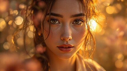 Poster - a person with curly hair, standing in a field with golden light, creating a warm and serene atmosphere.