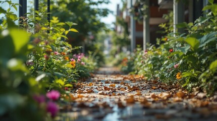 Aufkleber - sunny day in an outdoor garden or park, with a pathway lined with flowers and plants, featuring vibrant colors like pink and yellow, and showing reflections of sunlight.