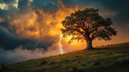 Poster - a dramatic natural scene with a large oak tree standing on a grassy hill, silhouetted against a vibrant sunset or sunrise sky filled with dramatic clouds and lightning bolts. The tree is surrounded by
