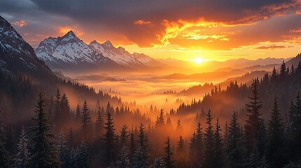 Poster - stunning mountainous landscape during a vibrant sunrise or sunset, with the sun casting warm orange and yellow hues over the scene. The mountains are silhouetted against the sky, and the foreground fe