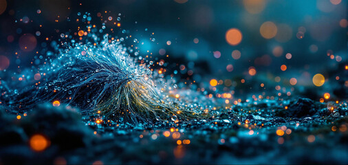 Aufkleber - close-up view of a wet surface with droplets and particles, creating a dynamic and textured appearance. The colors are primarily shades of blue and orange, giving the scene a vibrant and energetic fee