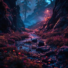 Aufkleber - mystical, glowing forest scene with a winding stream, vibrant plants, and a serene atmosphere illuminated by mystical lights.
