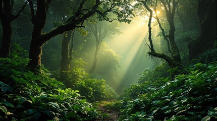 Poster - serene forest scene with sunlight filtering through the trees, creating a dappled light effect on the forest floor. The forest is lush with green foliage, and the overall atmosphere is tranquil and na