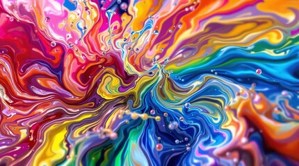 Aufkleber - vibrant, abstract painting with swirling patterns of colorful shapes, blending shades of red, blue, yellow, and green in a chaotic yet harmonious manner.
