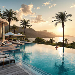 Aufkleber - luxurious outdoor pool with lounge chairs and umbrellas. The pool is surrounded by palm trees, and the background features a scenic sunset with mountains.