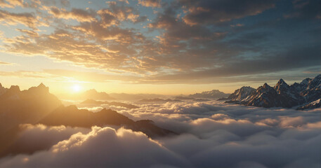 Fototapete - breathtaking mountainous landscape with a sea of clouds at its base. The sky is filled with a dramatic sunset, casting warm hues over the scene.
