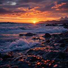 Poster - beautiful sunset with orange and pink hues in the sky, casting a warm glow over the ocean waves crashing against rocky shores.