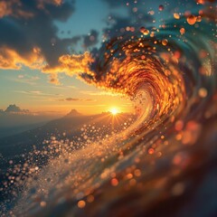 Aufkleber - surreal, vibrant wave with an orange and yellow gradient, resembling a fire-like appearance, set against a sunset sky with clouds and mountains. The wave is depicted as a large, spiraling form with a 