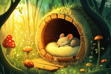 Poster - Cozy mouse nest in a forest glade surrounded by vibrant fungi and soft sunlight at dawn. Generative AI