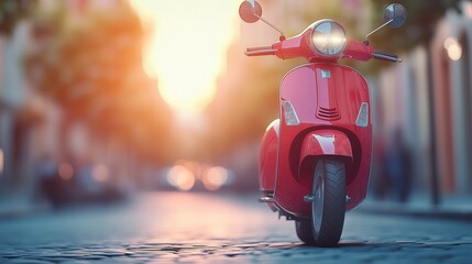 Bright sunset illuminates a vintage red scooter parked on a cobblestone street in a charming city scene