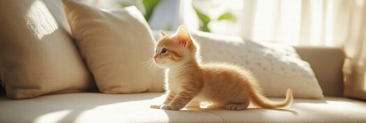 Aufkleber - Kitten enjoys playtime in a warm, sunny living room filled with natural light and comfort. Generative AI