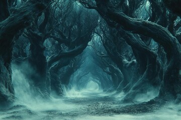 Wall Mural - Enchanted Forest Path: A Mysterious and Dreamlike Journey Through a Dark and Foggy Woods