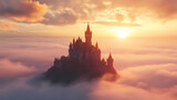 Medieval castle emerging from fog at golden hour. Fantasy Castle Sunrise. Illustration