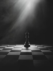 Aufkleber - Black king piece stands tall on a chessboard under dramatic lighting in a minimalist setting. Generative AI