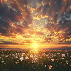 Wall Mural - vibrant sunset view over a golden meadow with dynamic light rays breaking through scattered clouds. 