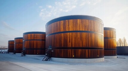 Poster - Large oil storage tanks at an industrial facility under a clear blue sky during daylight hours. Generative AI