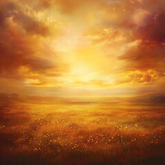 Wall Mural - vibrant sunset view over a golden meadow with dynamic light rays breaking through scattered clouds. 