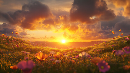 Wall Mural - vibrant sunset view over a golden meadow with dynamic light rays breaking through scattered clouds. 