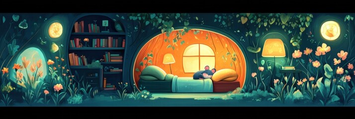Poster - Cozy indoor scene with a sleeping cat in a warm, vine covered room surrounded by flowers and books. Generative AI