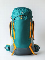 Leinwandbilder - Bright turquoise hiking backpack with orange accents suitable for outdoor adventures. Generative AI