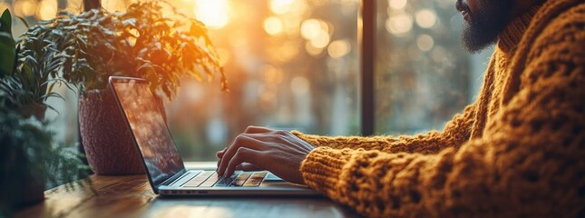 Poster - Hands Typing on Laptop in Natural Light for SEO Research and Information Search