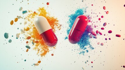 Aufkleber - Split capsule with colorful particles spilling out creates an eye catching display of vibrant hues and shapes. Generative AI