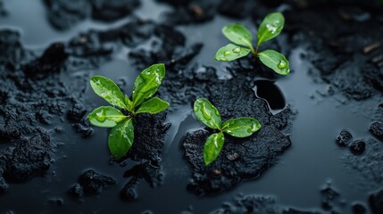 Aufkleber - Small green plants thrive among spilled black oil on the ground, showcasing natures resilience amidst pollution. Generative AI