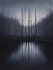 Aufkleber - Oil lake reflects barren trees in an eerie landscape under a dark sky. Generative AI